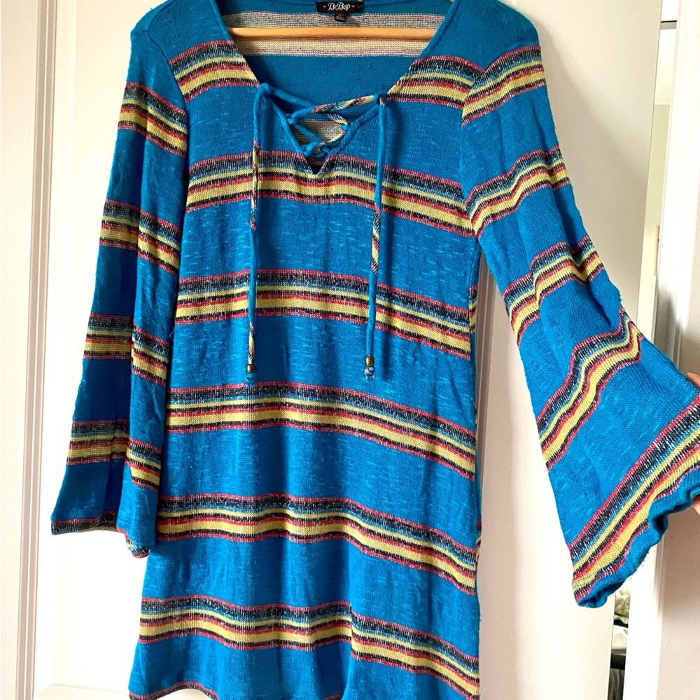 BeBop Bright Turquoise Striped Lace-Up Dress